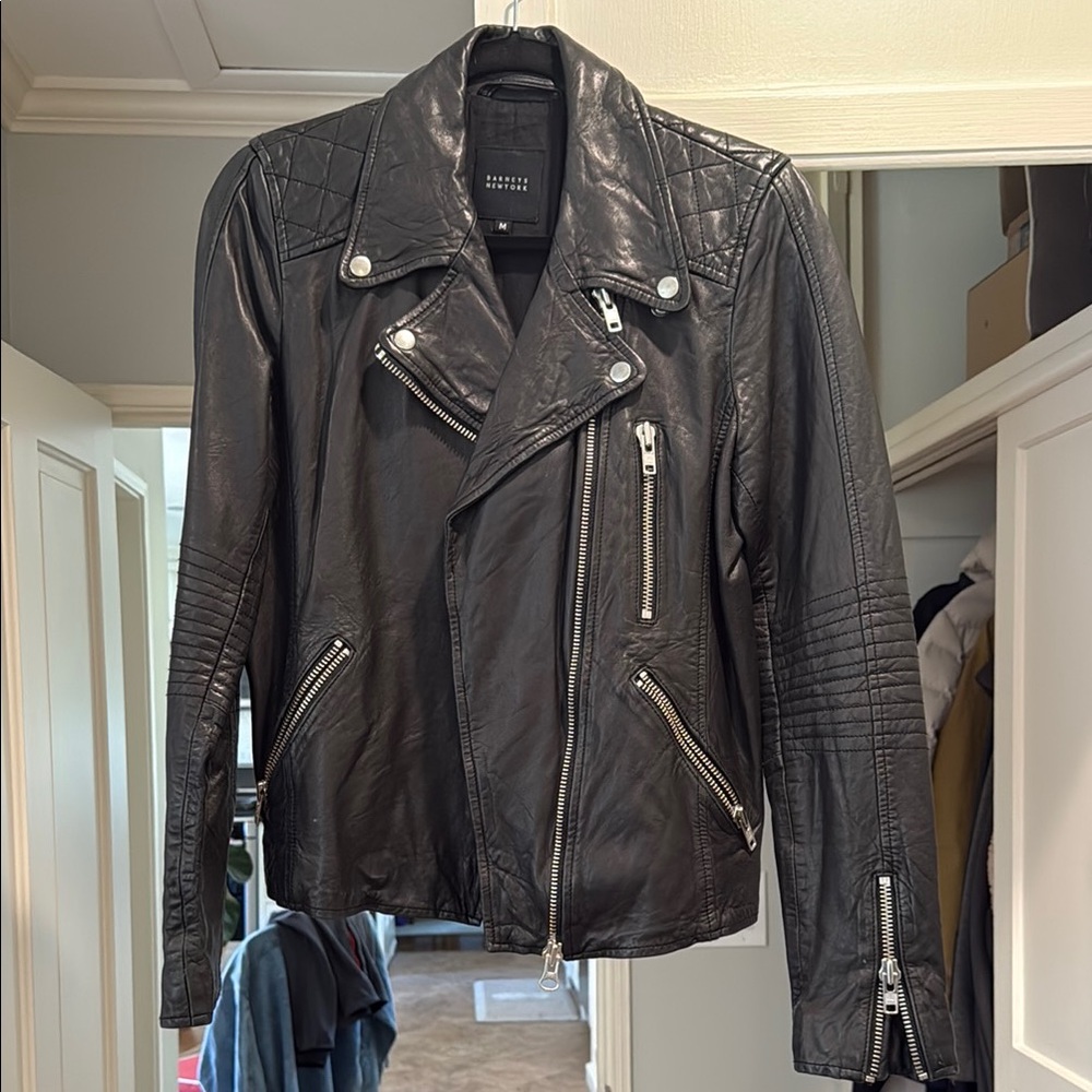 Barneys New York Black Leather Motorcycle Jacket with Quilted Detailing